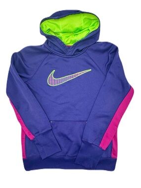 Nike Therma-FIT Purple Pullover Sweatshirt, Pink Side Panels, Neon Green Hood